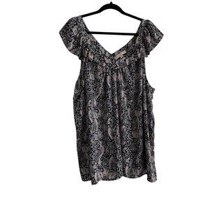Loft Plus Women SZ 26 Black Botanical Print V-Neck Ruffle Sleeveless Blouse